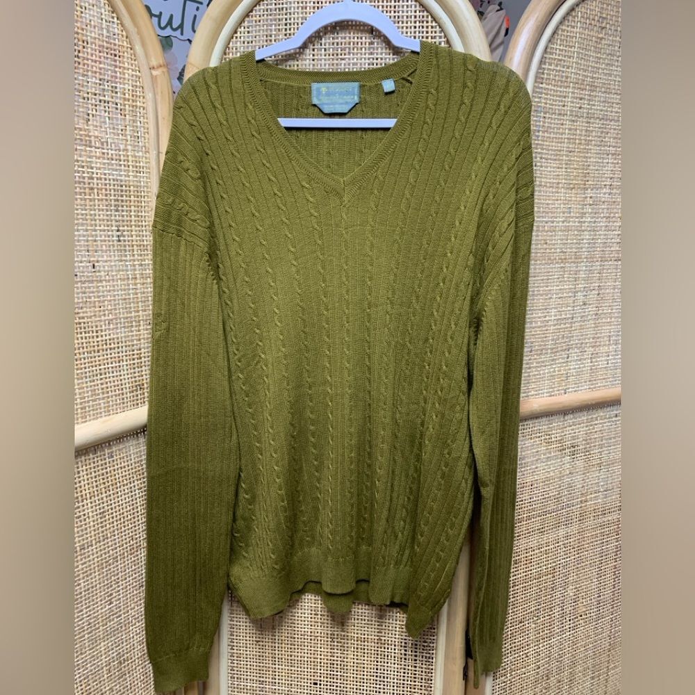 Descente Mens Silk Blend Golden Green V-Neck Cable Knit Sweater | XL